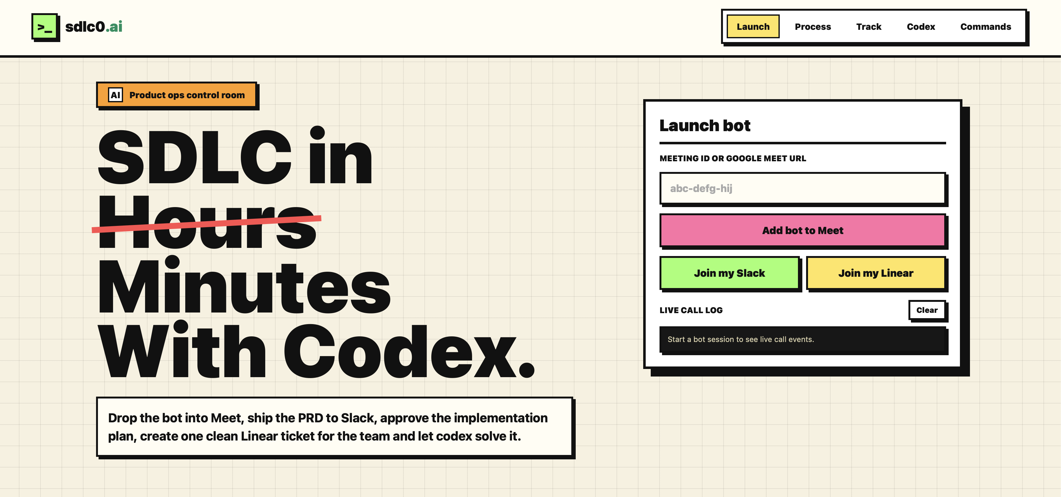 SDLC0 landing page and launch bot preview